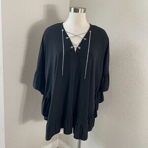 Michael Kors Womens Large Black Poncho Top Ruffle Hem Lace Up Stretch Shirt